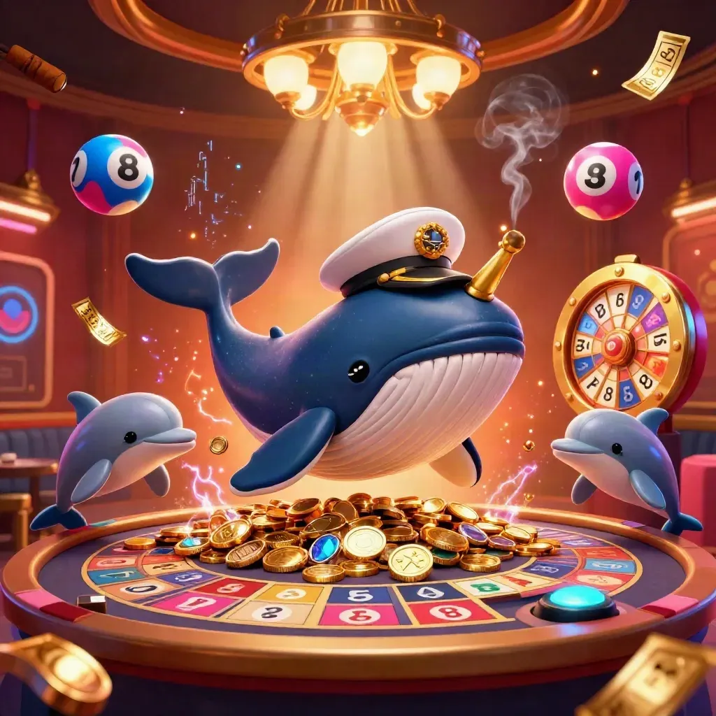 Baleia capitã, narval e golfinhos em cassino neon com roleta, moedas, cartas e luz dourada.