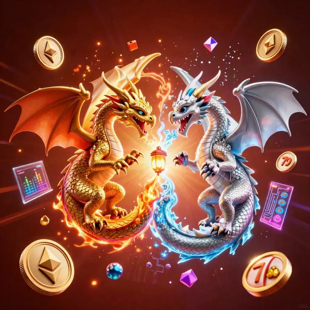 Dragões 3D dourado e prateado em voo yin-yang, com moedas, faíscas e fundo quente.