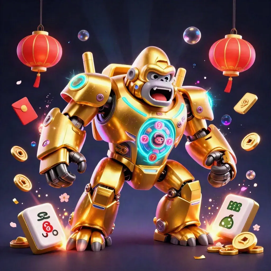 Gorila mecânico dourado com macaco piloto e explosão de fichas, ouro e neon.