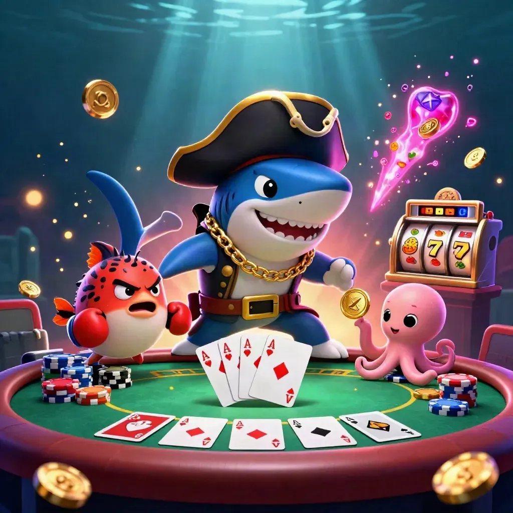 Capitão tubarão pirata, baiacu boxeador e polvo bebê com fichas em cena submarina neon.