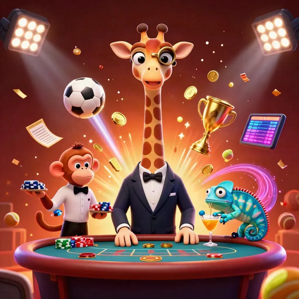 Girafa rica, macaco e camaleão em festa com moedas, bolas e fogos num cassino vibrante.