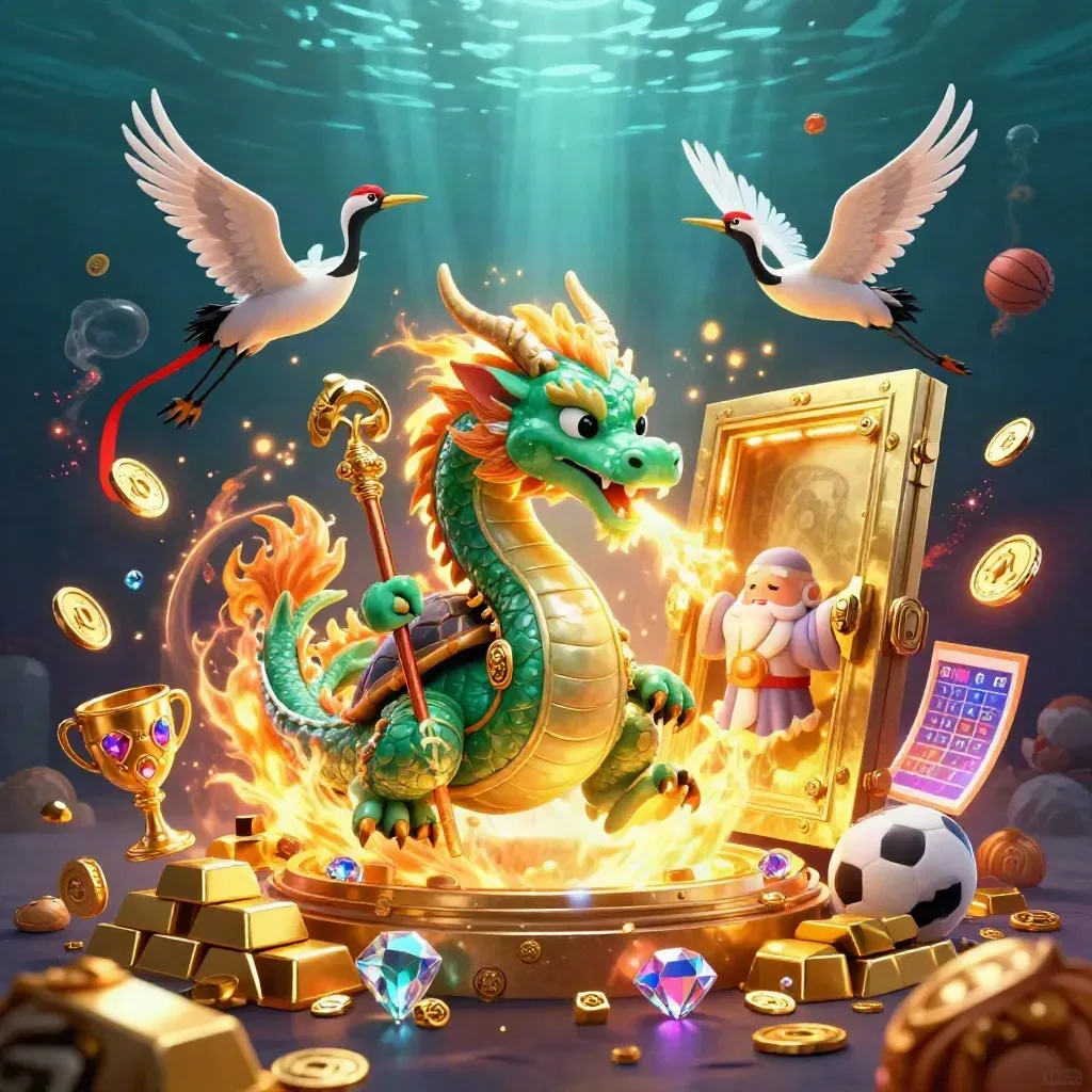 Dragão jade, tartaruga sábia e garças cercam um cofre de ouro em festa neon.