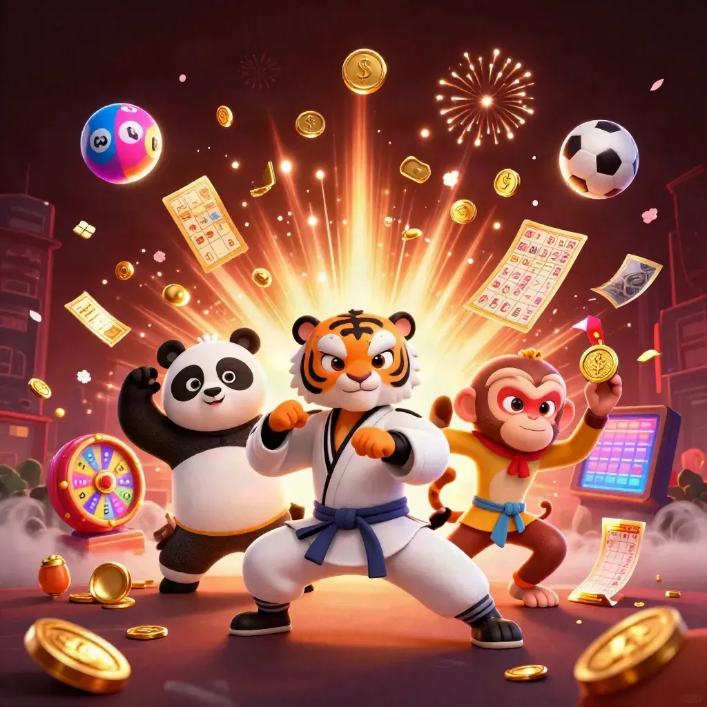 Macacos kung fu e um panda com tigre celebram um bônus com moedas, bolas e fogos.