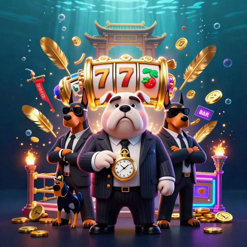 Bulldog mafioso 3D com dois Dobermans, moedas de ouro, templo e luzes neon subaquáticas.