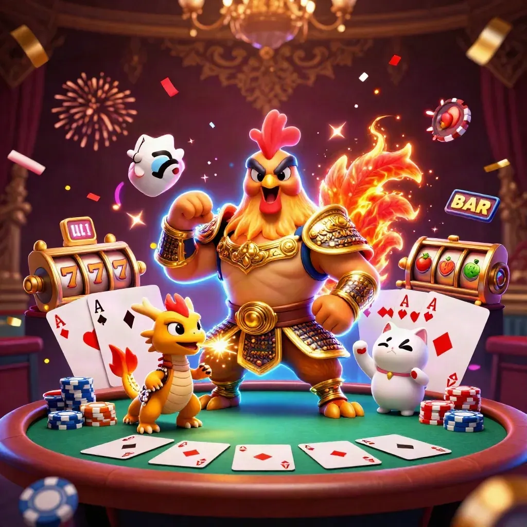 Galo samurai, filhote de dragão e gato da sorte cercados por fichas e cartas num cassino neon.