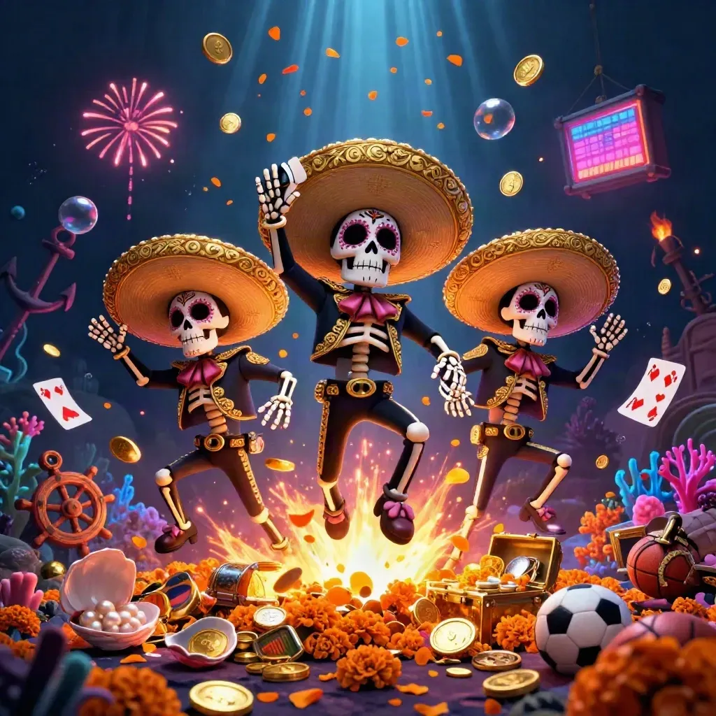 Trio de esqueletos mariachis em cova subaquática com moedas, corais, bolas e brilho neon.