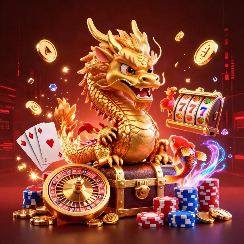 Dragão dourado com fênix e koi, moedas, roleta, fichas e brilho neon em fundo escuro.