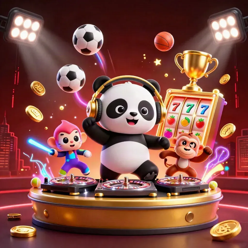 Panda DJ, macaco e gatinho rave em cenário neon com moedas, bolas esportivas e luzes douradas.
