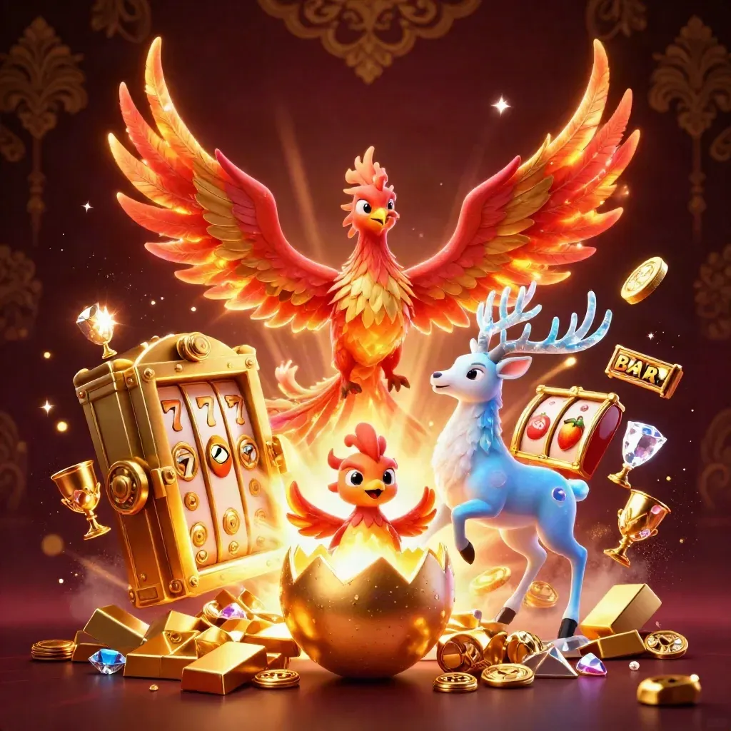 Fênix, cervo místico e filhote saindo do ovo, com cofres, ouro e brilho neon.