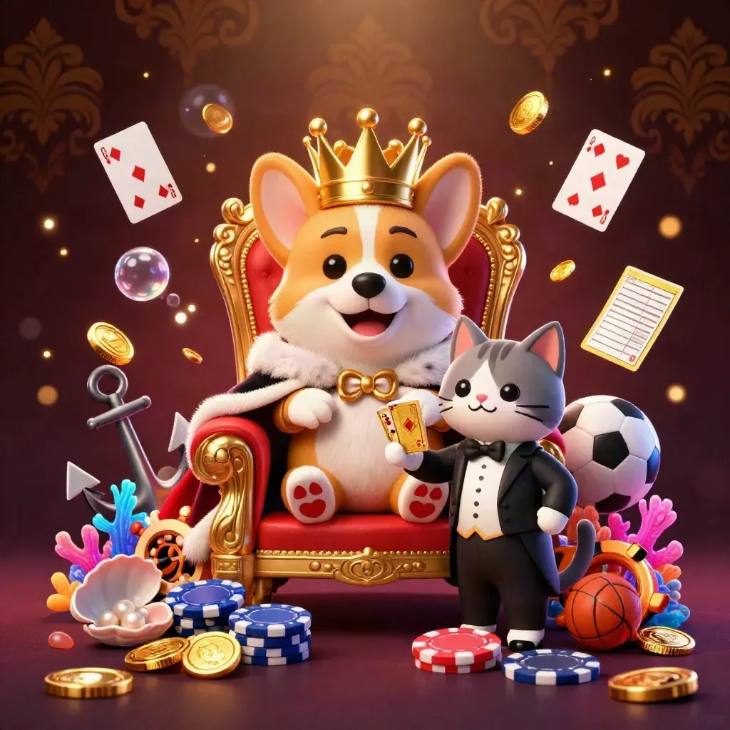 Corgi coroado e gato mordomo com tesouros, fichas e brilho neon.