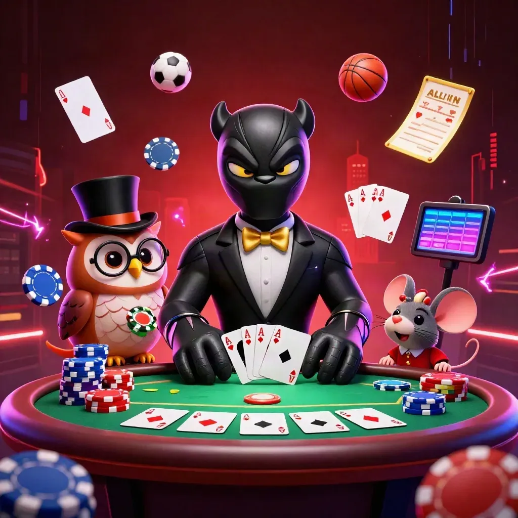 Pantera, coruja e rato em mesa de cassino neon, com fichas, bolas e luzes elétricas.