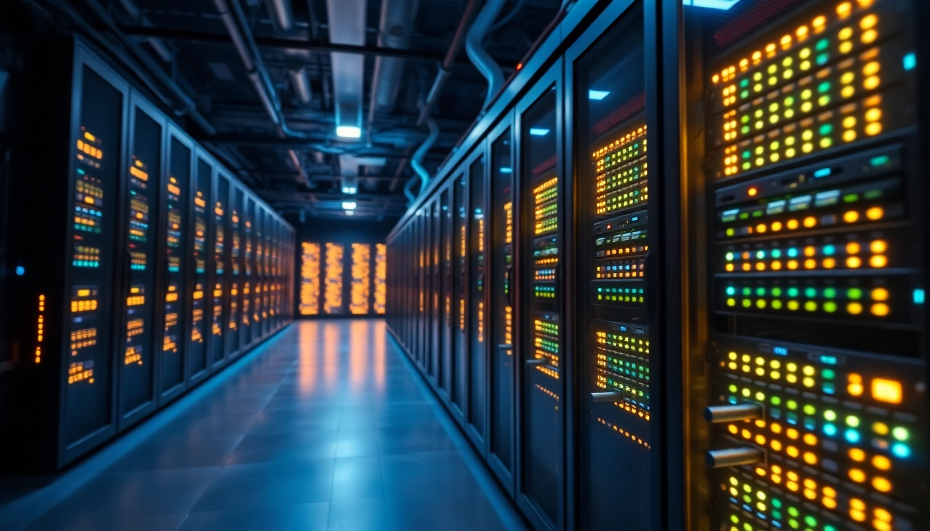 Showcasing adult web hosting solutions in a modern server farm setting with a dramatic atmosphere.