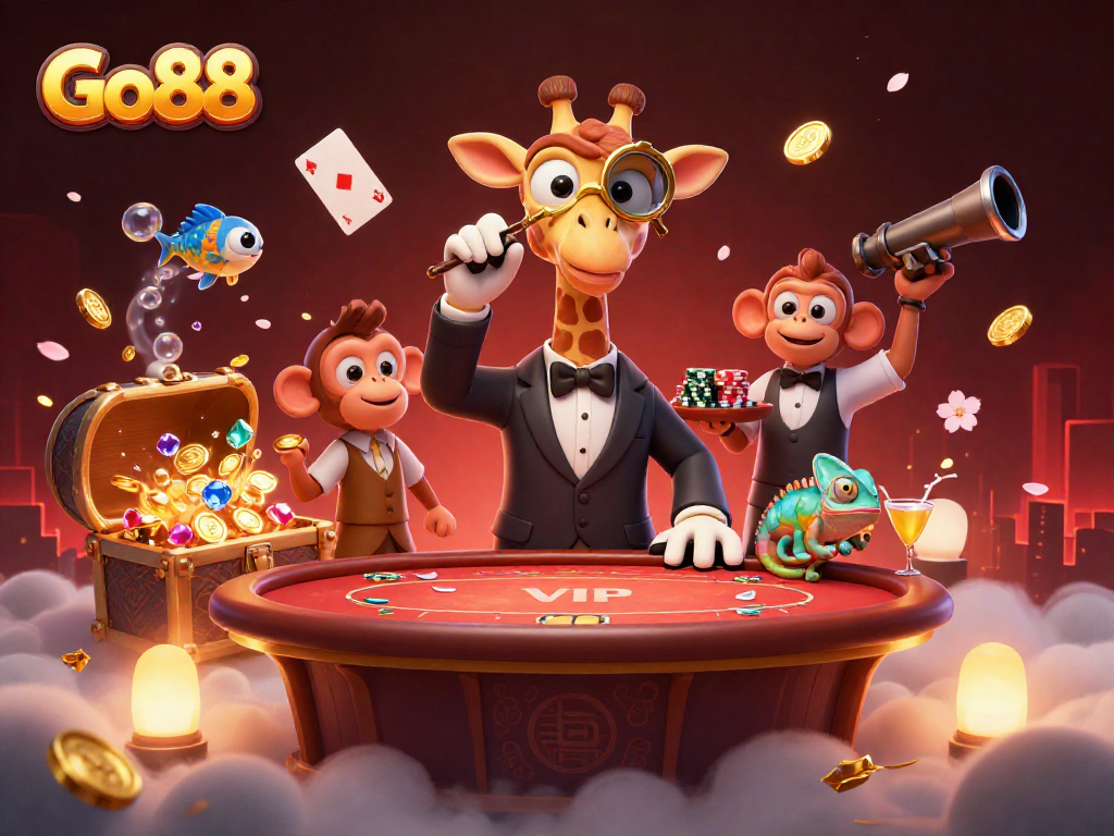 Experience Go88's vibrant gaming atmosphere with our high-roller giraffe, monkey valet, and chameleon bartender.