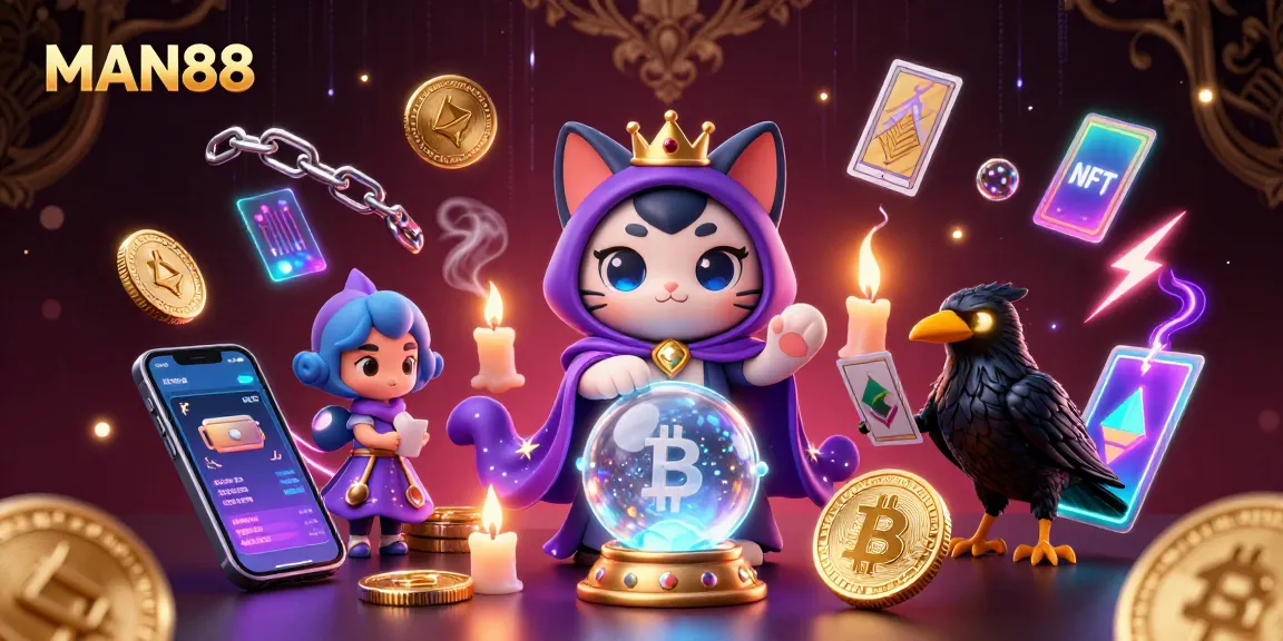 Engage in top-tier gaming at MAN88, featuring mystical characters and vibrant crypto elements.