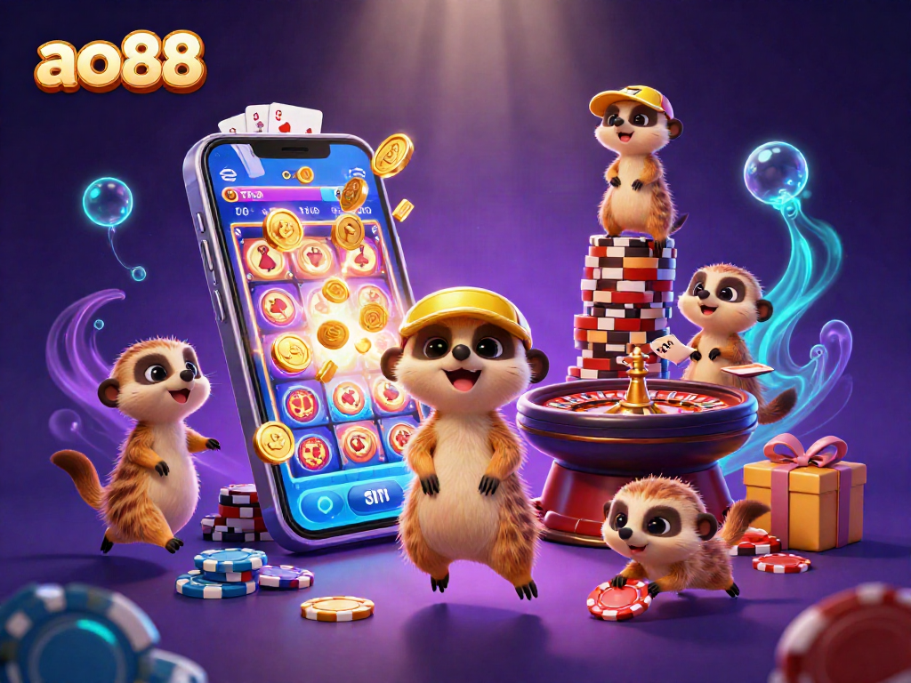 Experience ao88 excitement with meerkats in a dynamic casino scene full of vibrant games and action.
