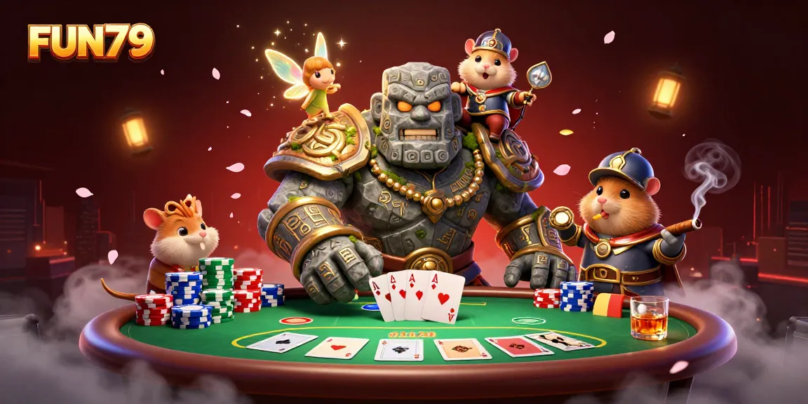 Play exciting games at FUN79, featuring a vibrant casino scene with magical elements and poker setups.