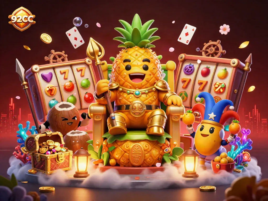 Spin and win with the vibrant 92CC casino illustration featuring lively characters and gold!