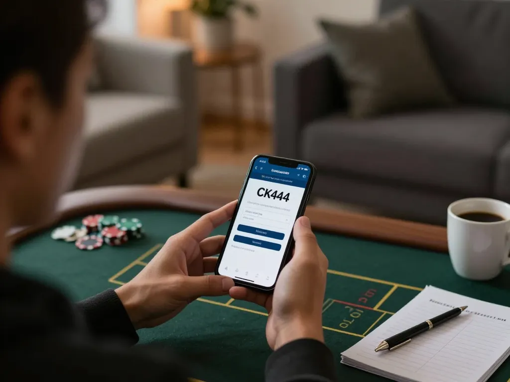Access CK444 login on a smartphone during a cozy home gaming session with betting notes nearby
