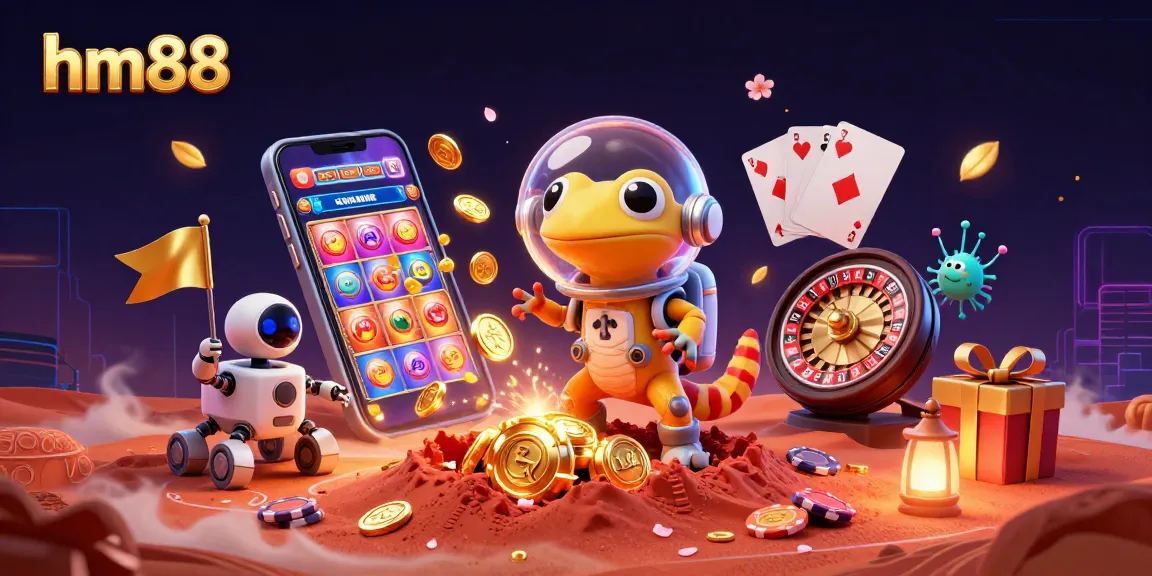 Experience gaming excitement with hm88 as a Martian gecko finds a golden casino amidst adventurous elements.