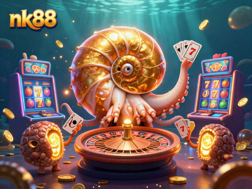 Spin the reels and win big at nk88 with vibrant casino action featuring a giant nautilus and glowing ammonite companions.