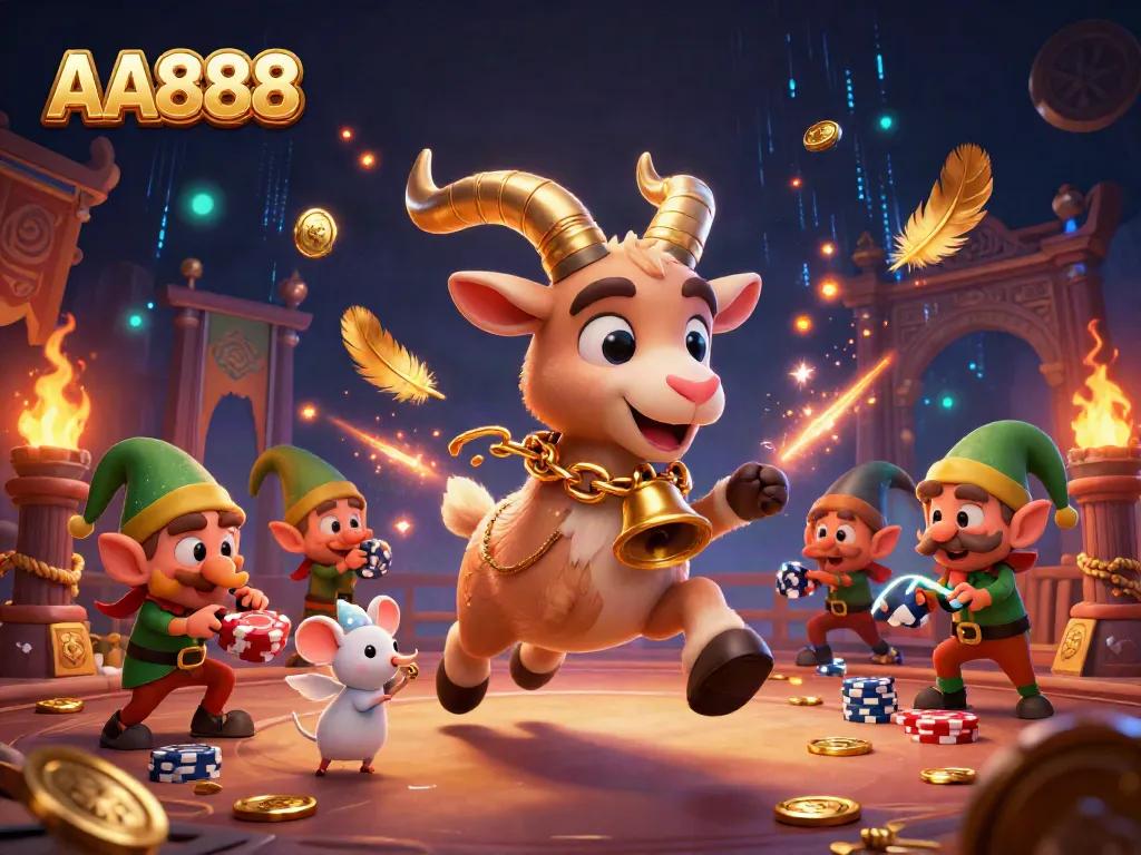 Experience the thrilling AA888 casino scene with Krampus and mischievous characters amidst vibrant, dynamic elements.