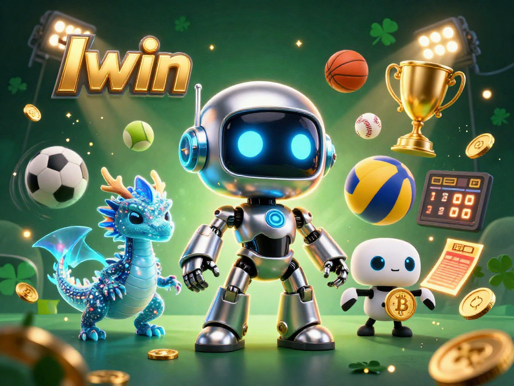 Iwin sports betting illustration with a cyberpunk robot mascot and a holographic dragon
