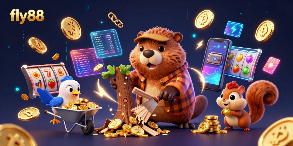 Experience the fun at fly88 while discovering golden coins raining from a lumberjack beaver in a vibrant casino