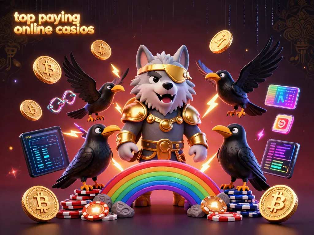 Experience top paying online casinos with Odin wolf, ravens, and glowing cryptocurrency elements.