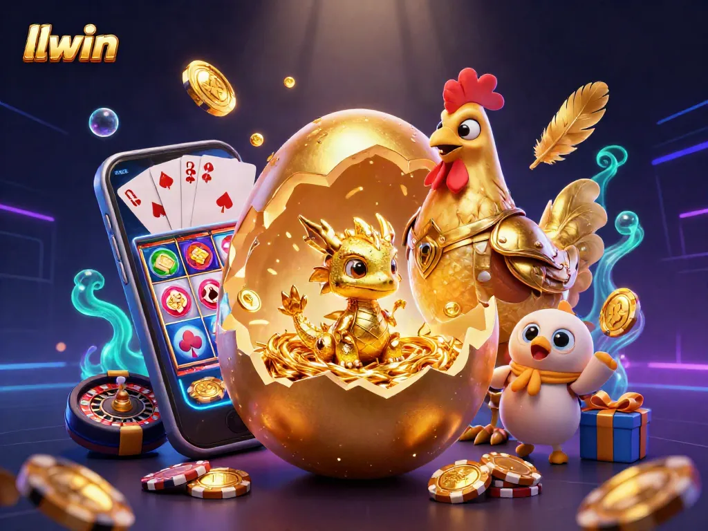 llwin creates a vibrant casino scene featuring a golden dragon with poker chips and dynamic slot game elements