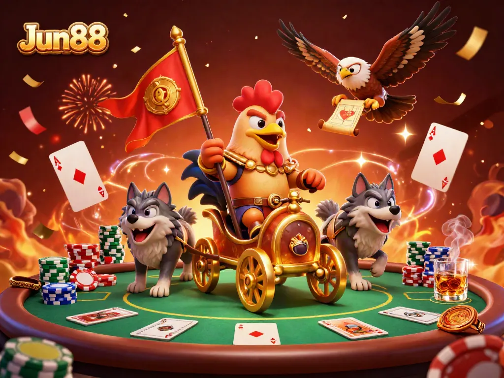 Join the excitement at Jun88, featuring a cartoon rooster warlord amidst gaming action.