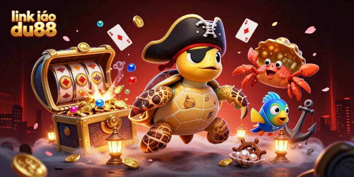 Engage with link vào du88 in an exciting underwater casino adventure with a pirate turtle and treasure.