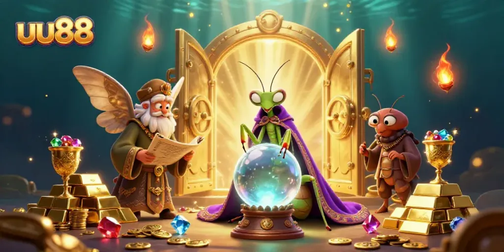uu88-themed casino scene showcasing fortune teller and librarian amid treasure and games.