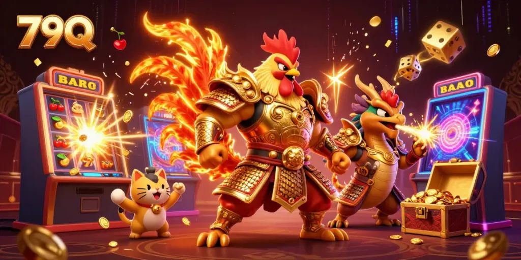 Experience live gaming action with 79Q's vibrant 3D illustration featuring thrilling characters and casino elements.