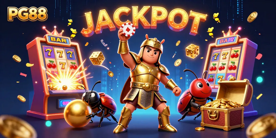 PG88 engages players with a vibrant jackpot celebration, featuring dynamic casino elements and playful characters.