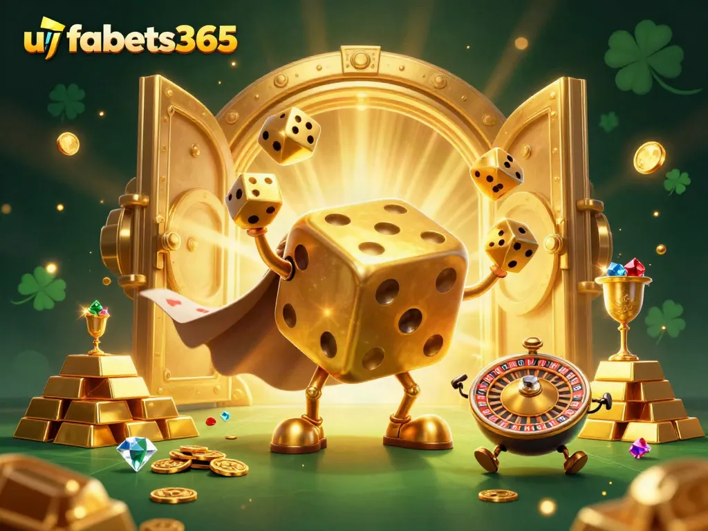 Join the excitement with ufabets365, featuring golden dice and a roulette-head companion in a vibrant casino scene.
