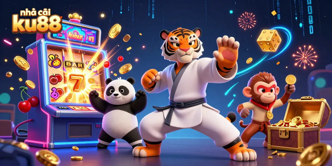Engage with nhà cái ku88 through dynamic 3D casino-themed illustration featuring vibrant characters and exciting game elements.