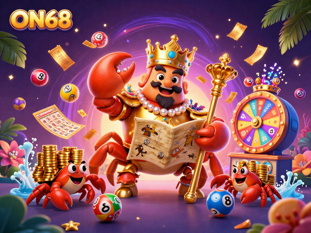 Experience the excitement with ON68, featuring a golden crab emperor and lottery elements in a dynamic casino illustration.