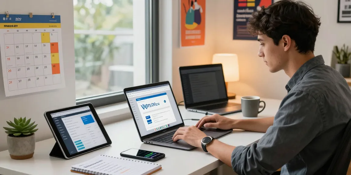 Download WPS Office in a modern workspace with laptop, tablet, and productivity tools.