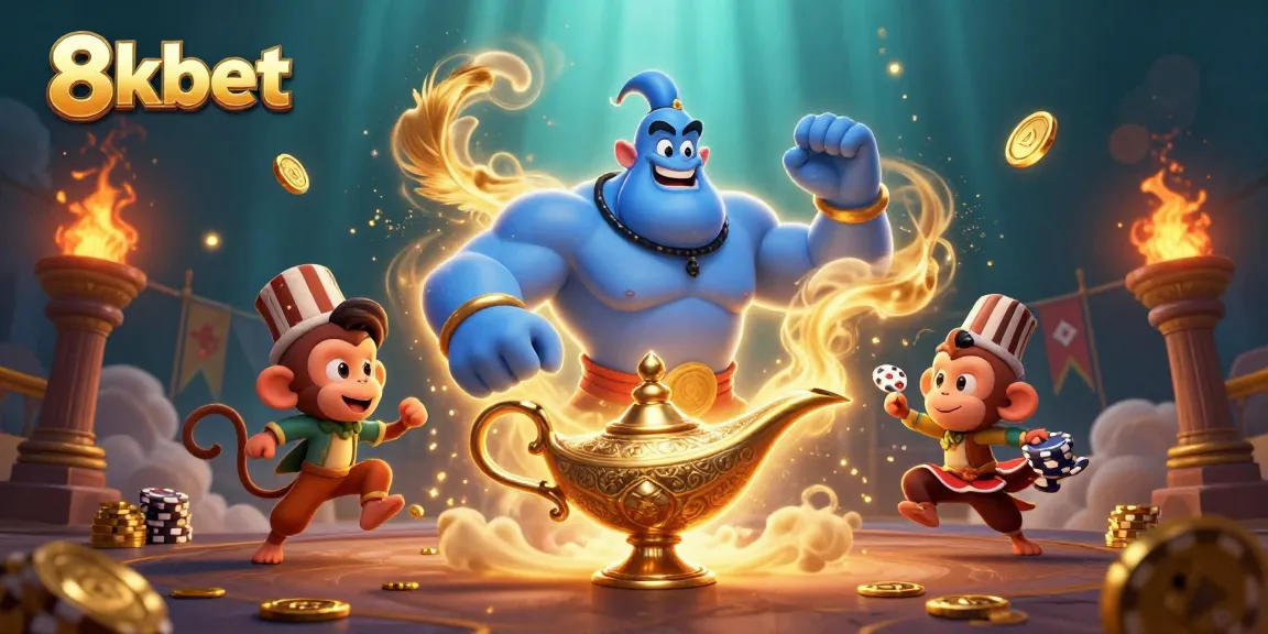 Experience thrilling action with 8xbet as a giant blue genie emerges, featuring vibrant casino elements.