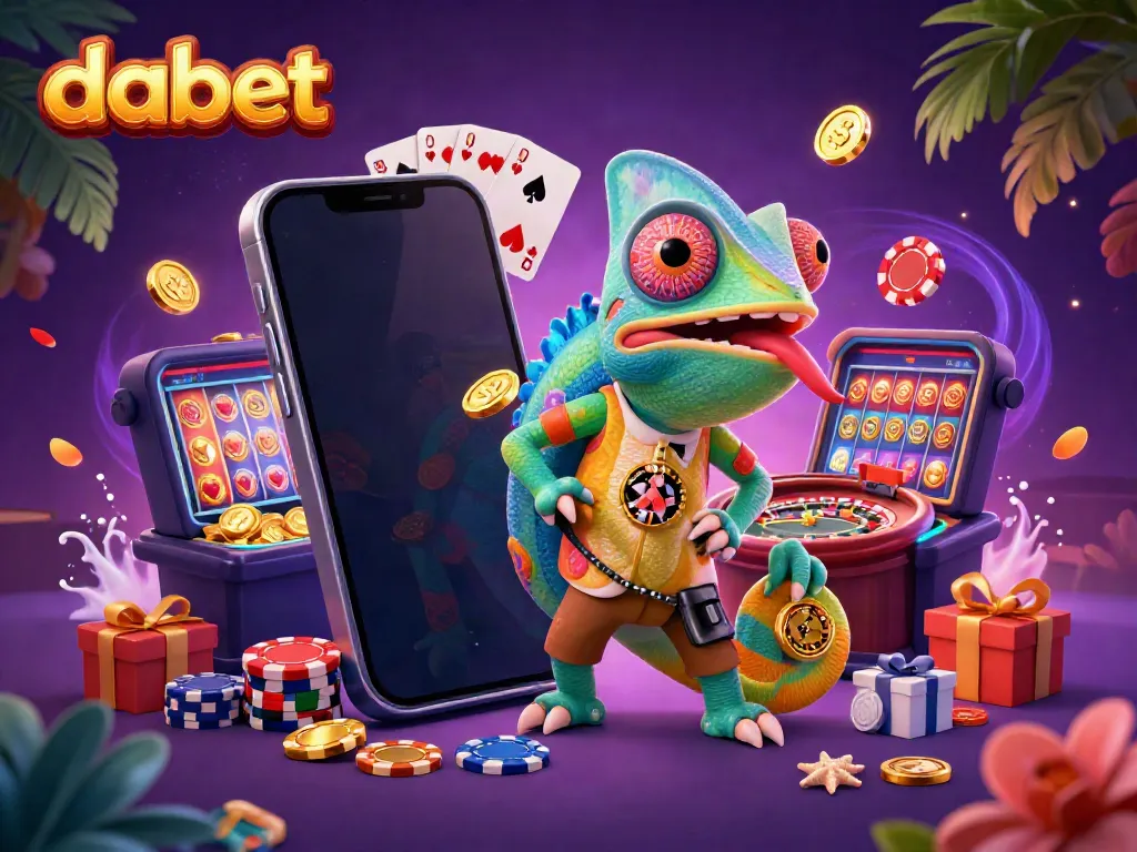 Engage with Dabet's vibrant casino scene featuring dynamic gaming elements and a colorful chameleon host.
