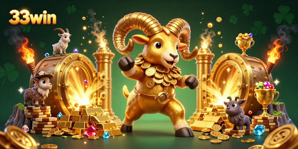 Experience thrilling gameplay with 33win's vibrant casino-themed illustration featuring golden treasures.