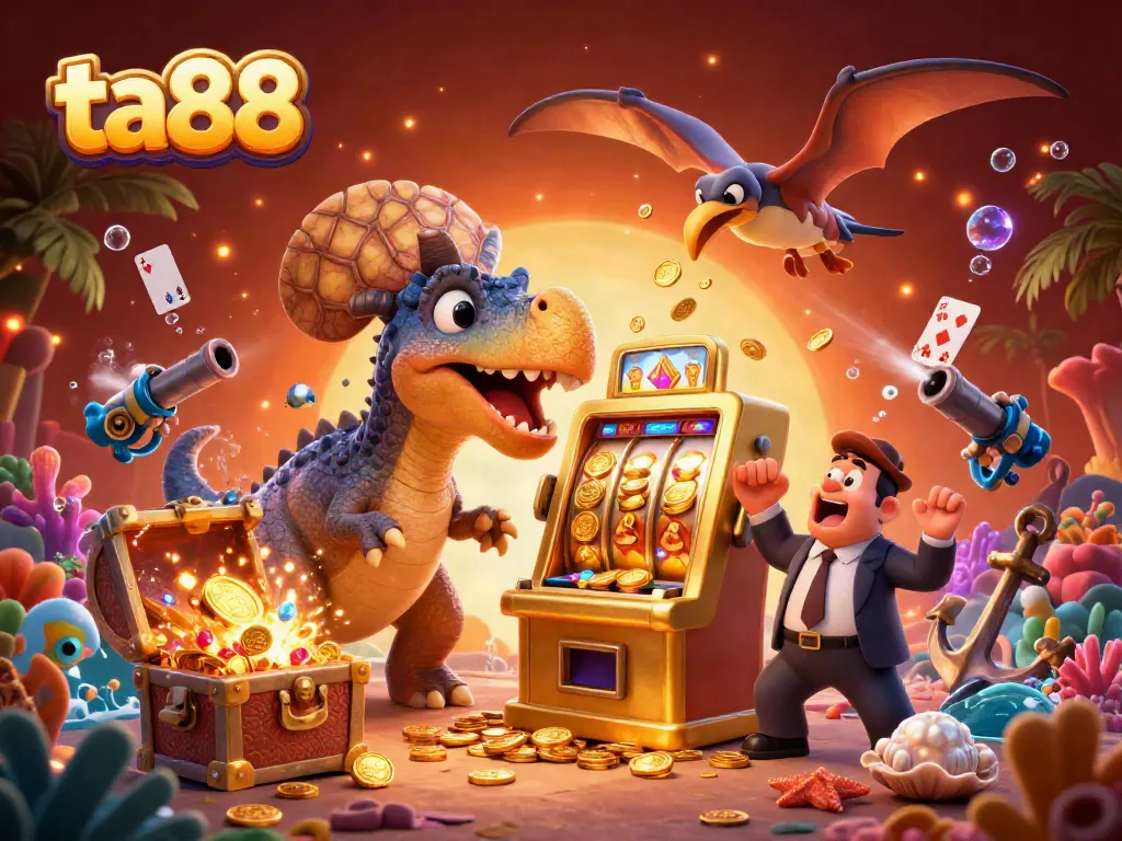 Experience the thrill of ta88 as cartoon dinosaurs interact with a winning golden slot machine surrounded by dynamic casino elements.