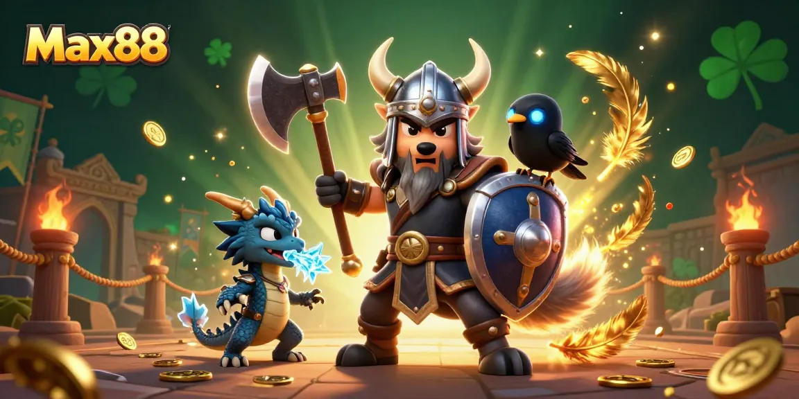 Engage with Max88's epic gambling adventure featuring a Viking warrior and dragon in a dynamic casino scene.