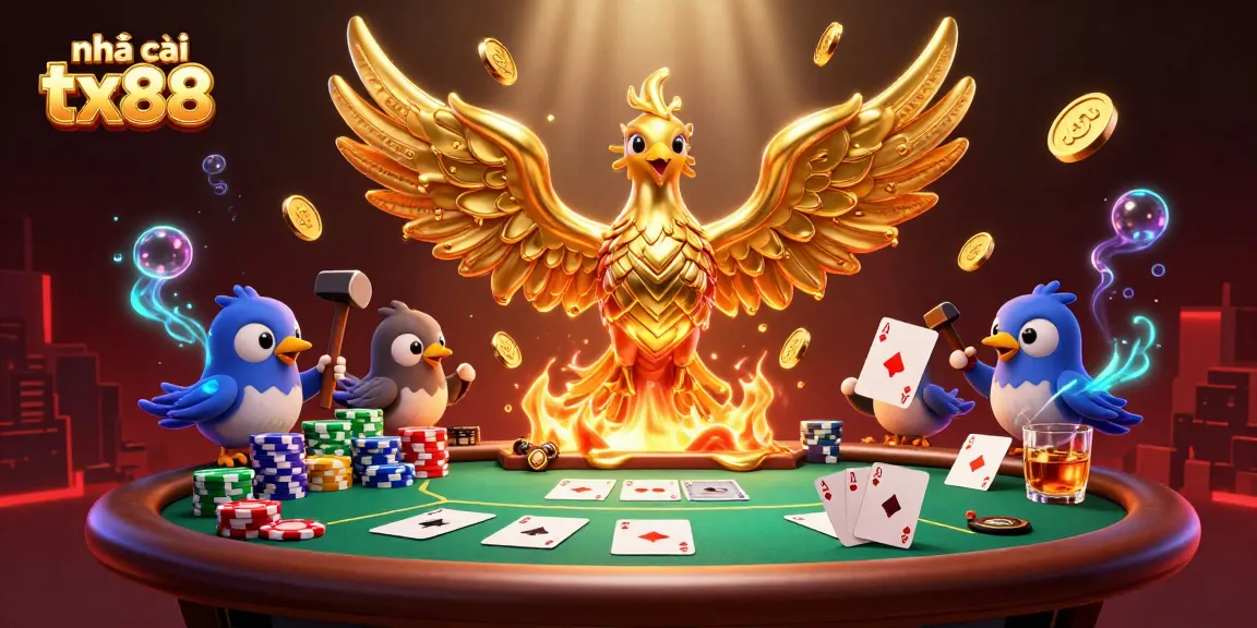 Experience the thrill with nhà cái tx88, featuring a golden phoenix and dynamic poker scene.