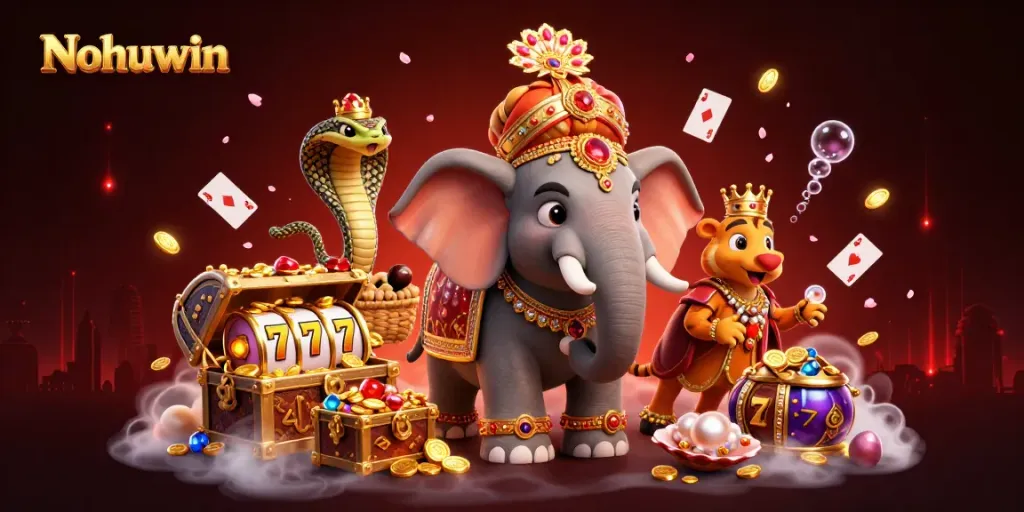 Nohuwin showcases vibrant 3D adventure featuring a tiger and elephant in a casino slot environment.