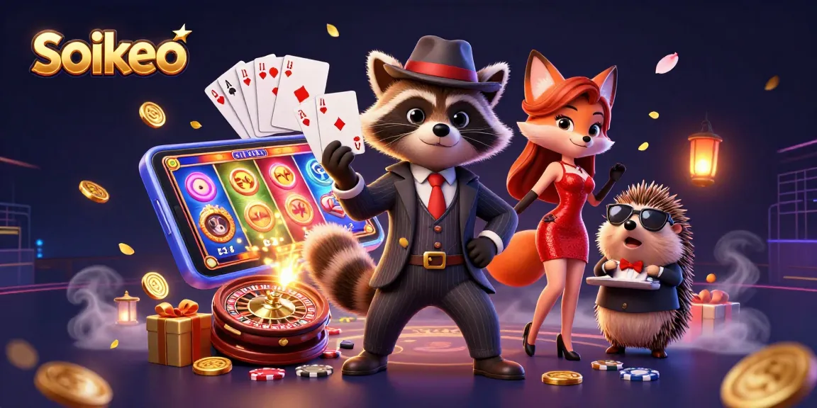 Bet on soikeo with a 3D animated raccoon and friends showcasing gaming excitement.