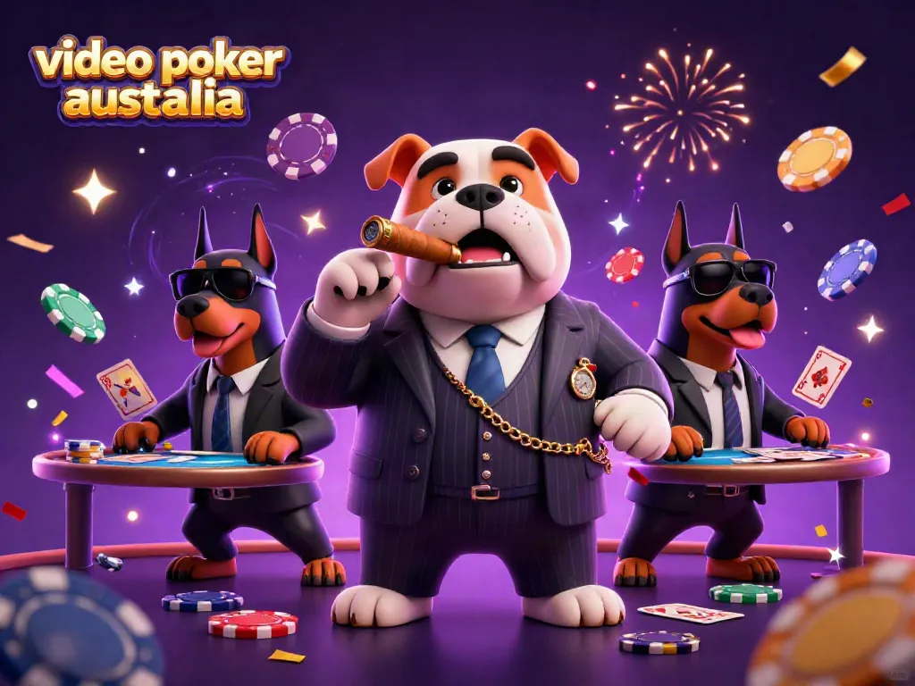 Experience the thrill of video poker Australia with a cartoon mafia boss, chips, and casino elements.
