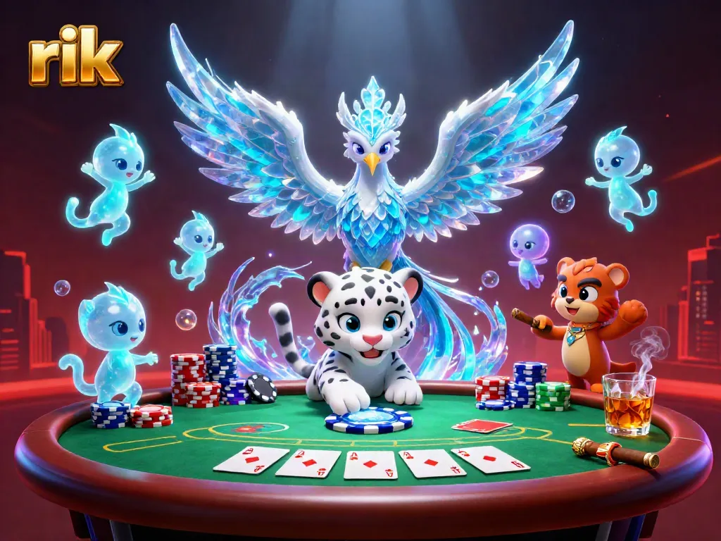 Play poker with the enchanting rik-themed ice phoenix and snow leopard in a captivating casino scene.