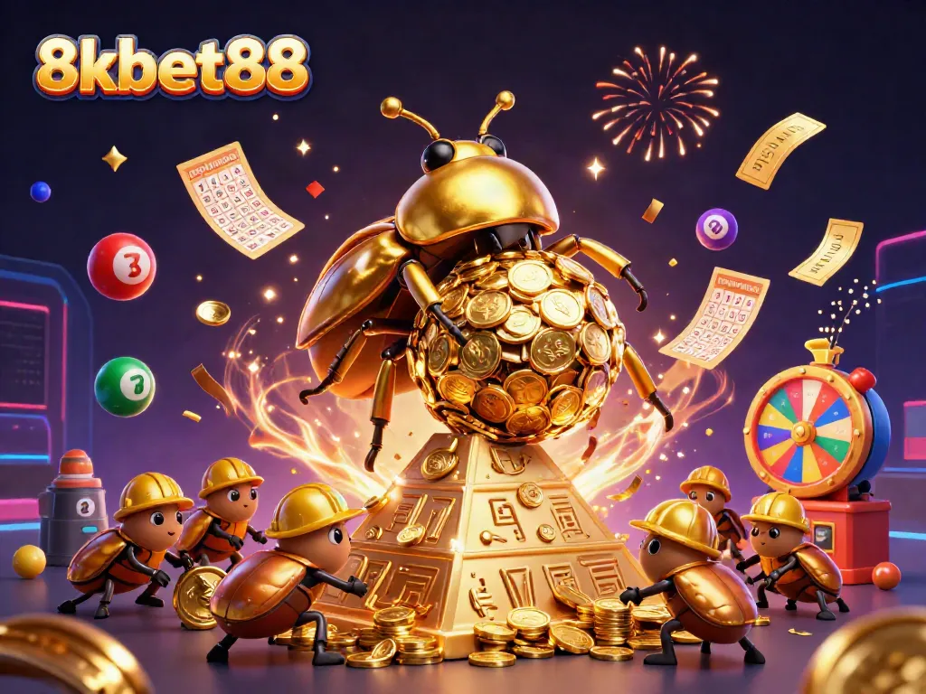 Experience the thrill of 8xbet88 with a vibrant 3D scene featuring golden beetles and dynamic lottery elements.