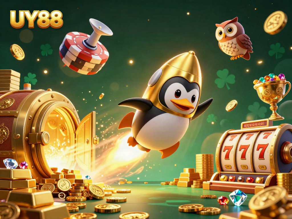 Experience the excitement of UY88 with a dynamic 3D illustration of a golden penguin on a cosmic journey.